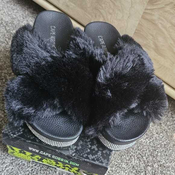 Black Furry Sandals with Rhinestone Accents - Picture 8 of 8